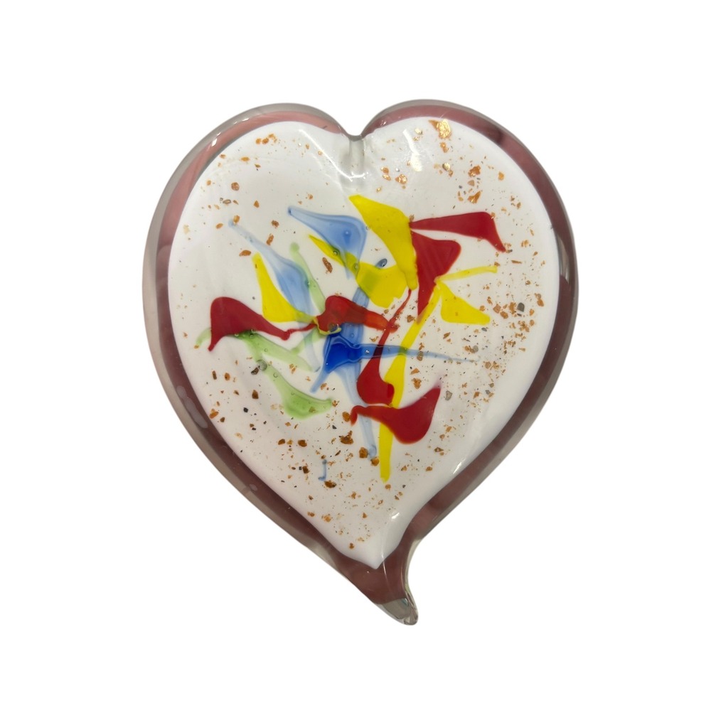 Hand Blown Glass Heart‎ Shaped Paperweight Red Yellow Blue Splatter Gold Fleck